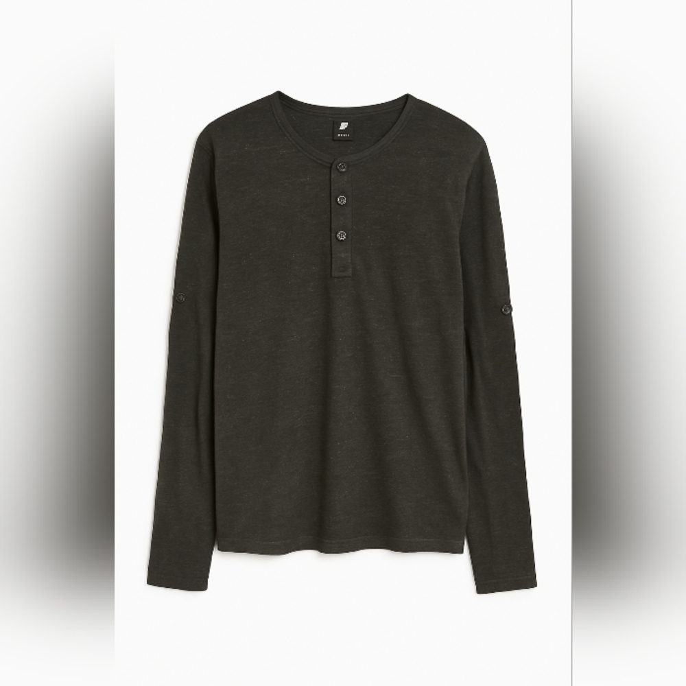 H&M Black Burnout Long Sleeve Henley Top Women’s Medium Lightweight Roll Tab